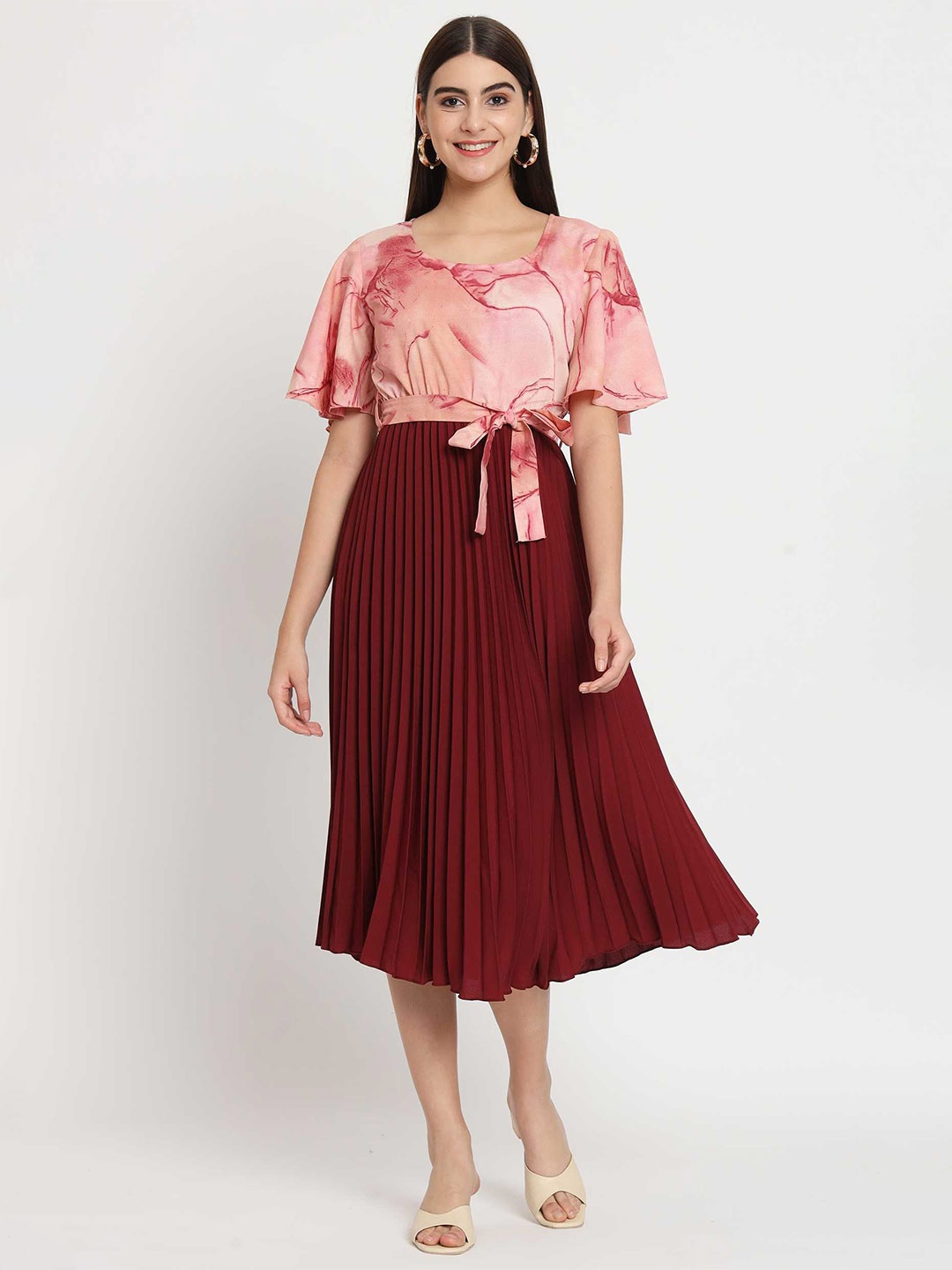 

OTABU Striped Flared Sleeve Crepe Fit & Flare Midi Dress, Maroon