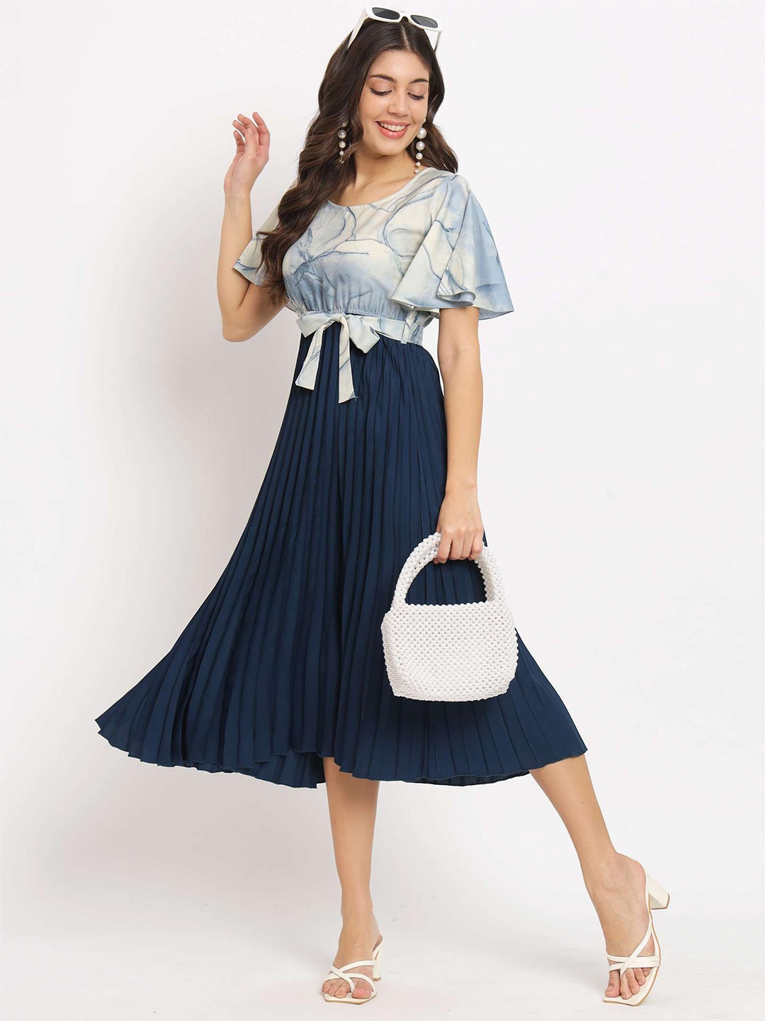 

OTABU Striped Cape Sleeve Crepe Fit & Flare Midi Dress, Blue