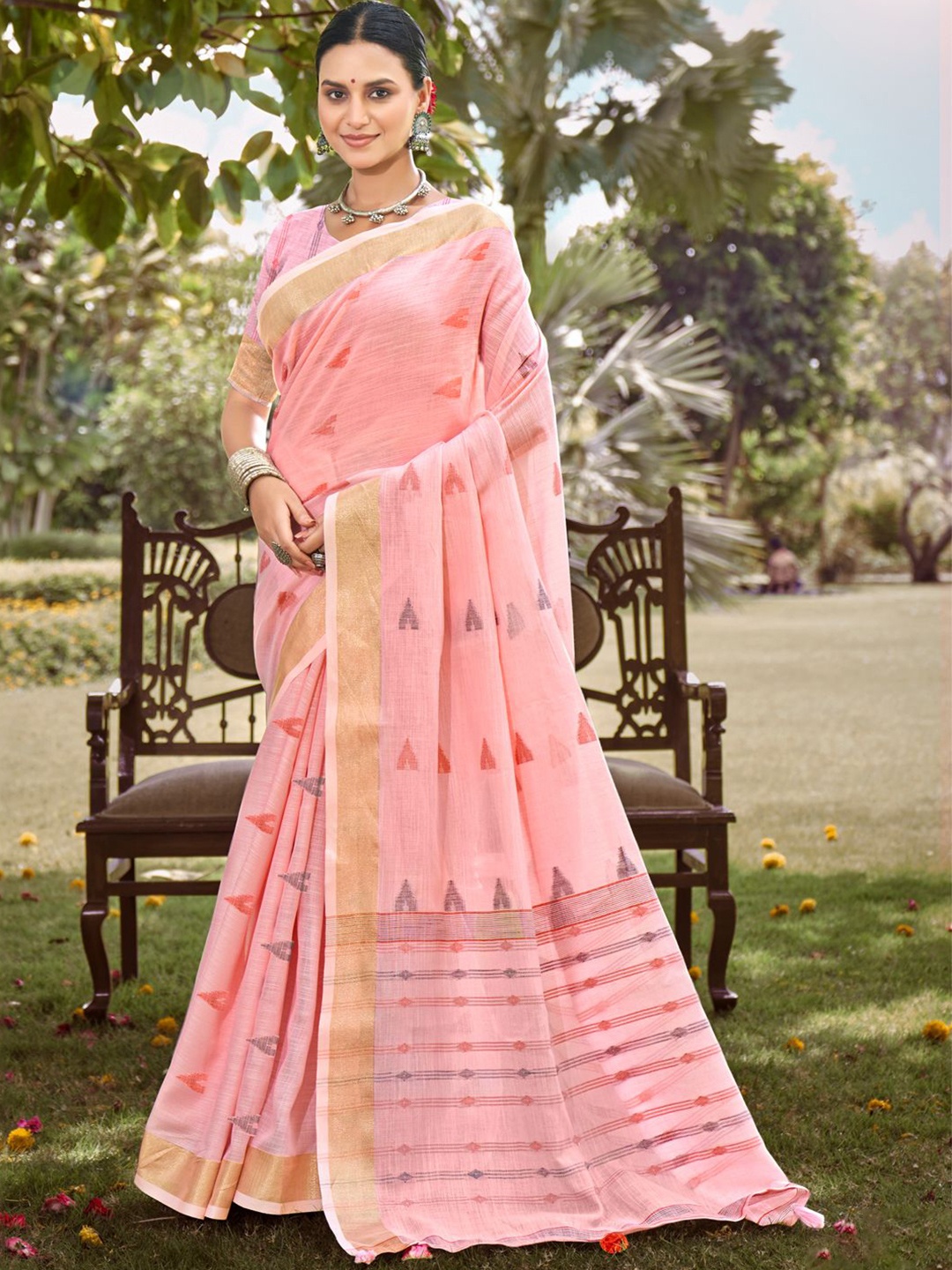 

SANGAM PRINTS Zari Woven Design Tussar Saree, Pink