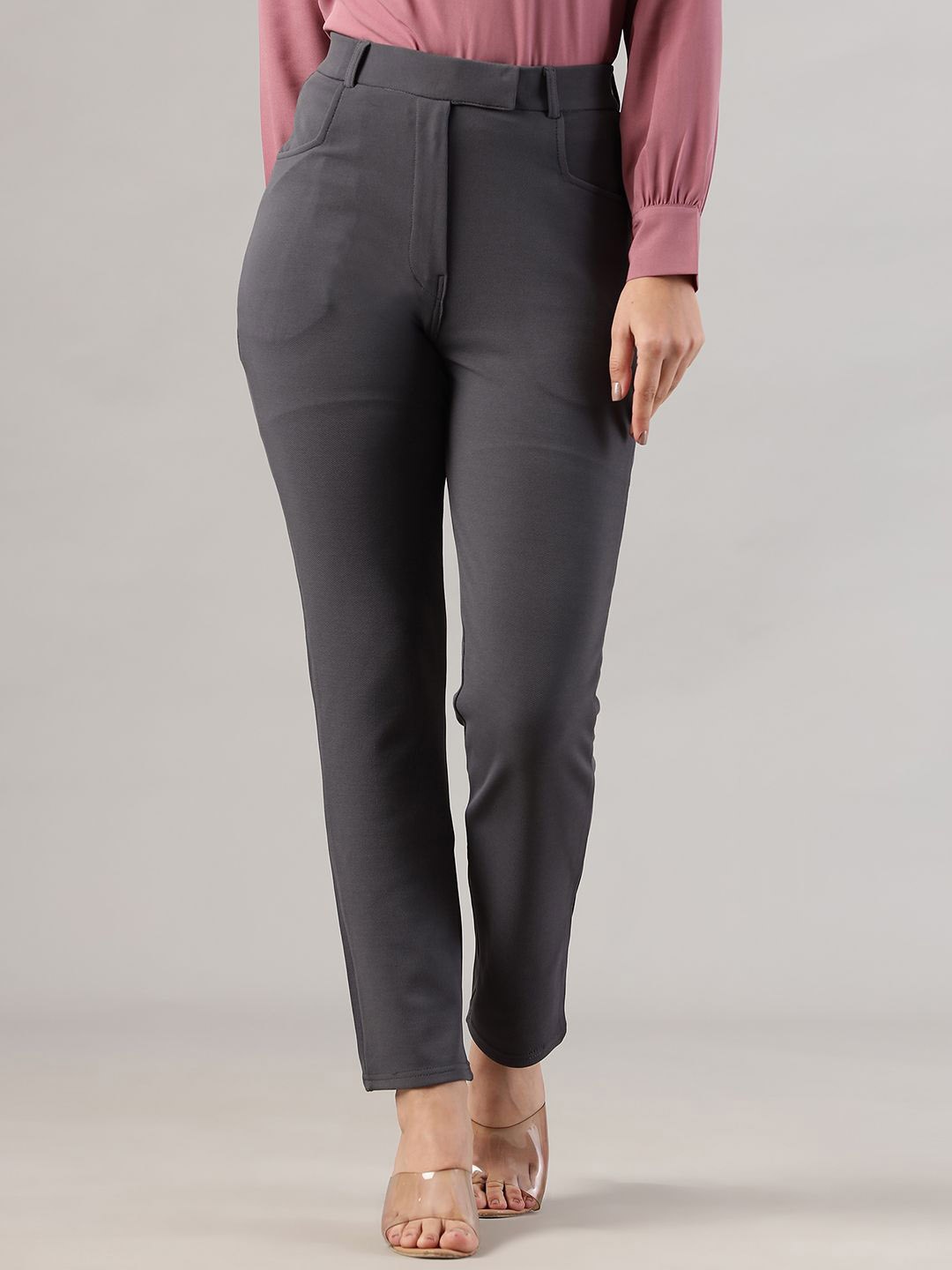 

BAESD Women Mid-Rise Easy Wash Trousers, Grey
