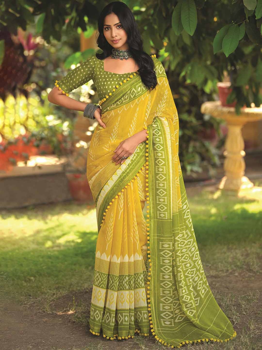 

Mitera Cotton-Blend Printed Saree, Yellow
