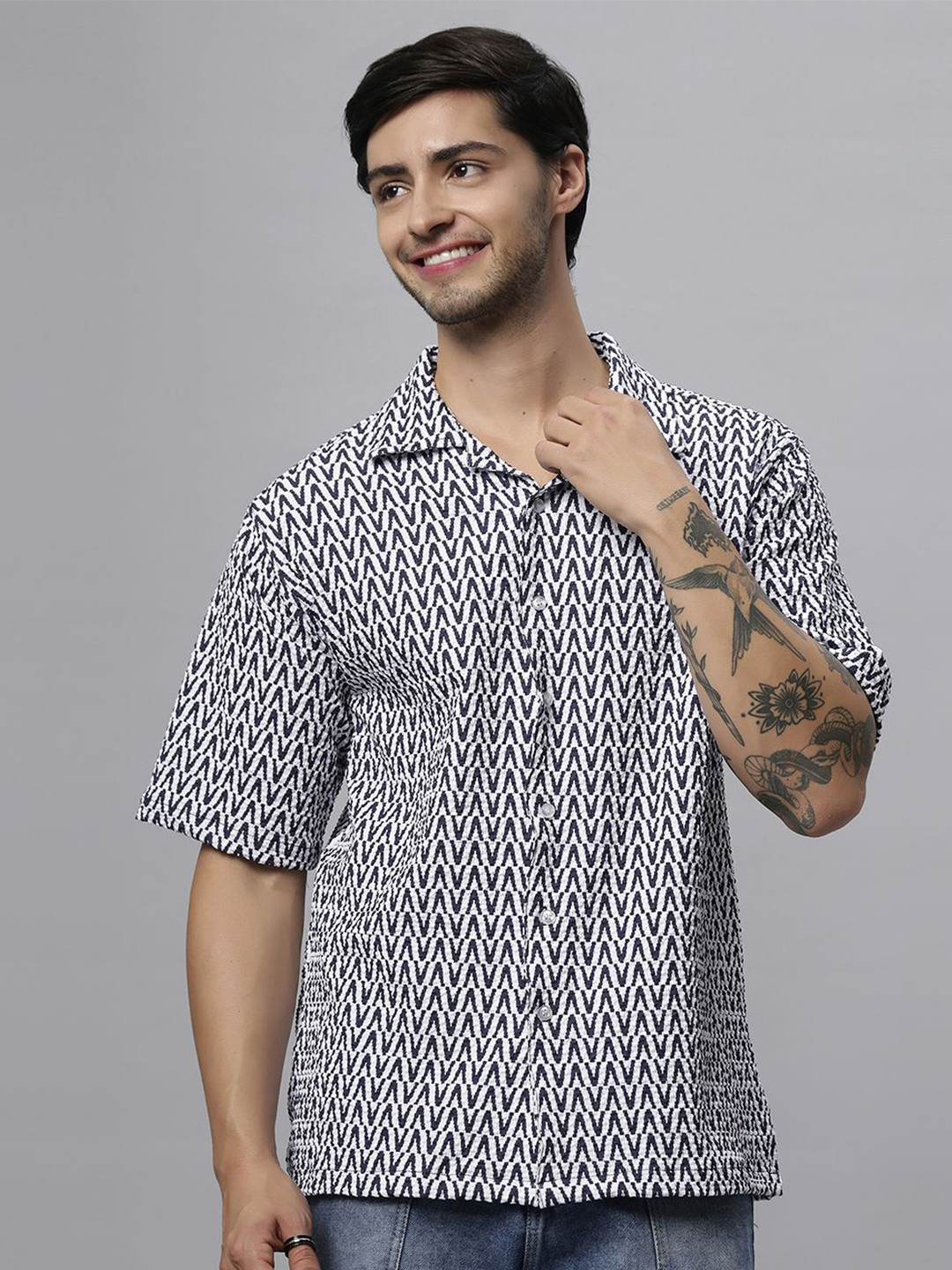 

N AND J Men Relaxed Opaque Printed Casual Shirt, Blue