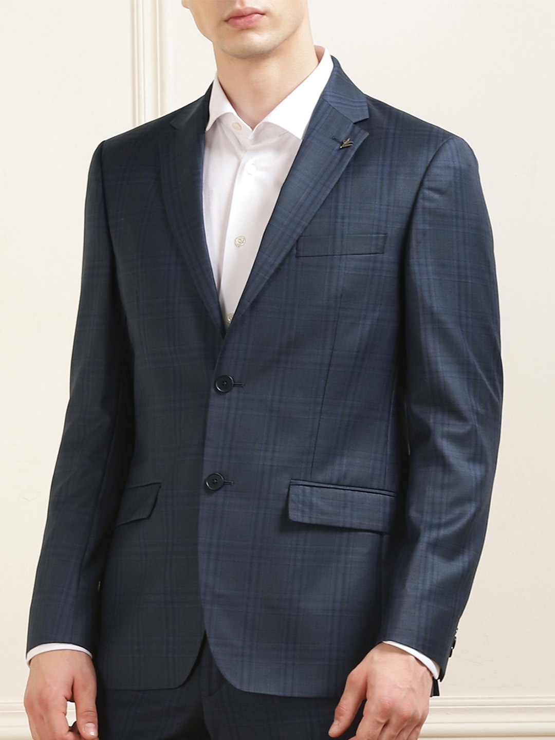 

Ted Baker Checked Notched Lapel Collar Single-Breasted Woolen Formal Blazer, Navy blue