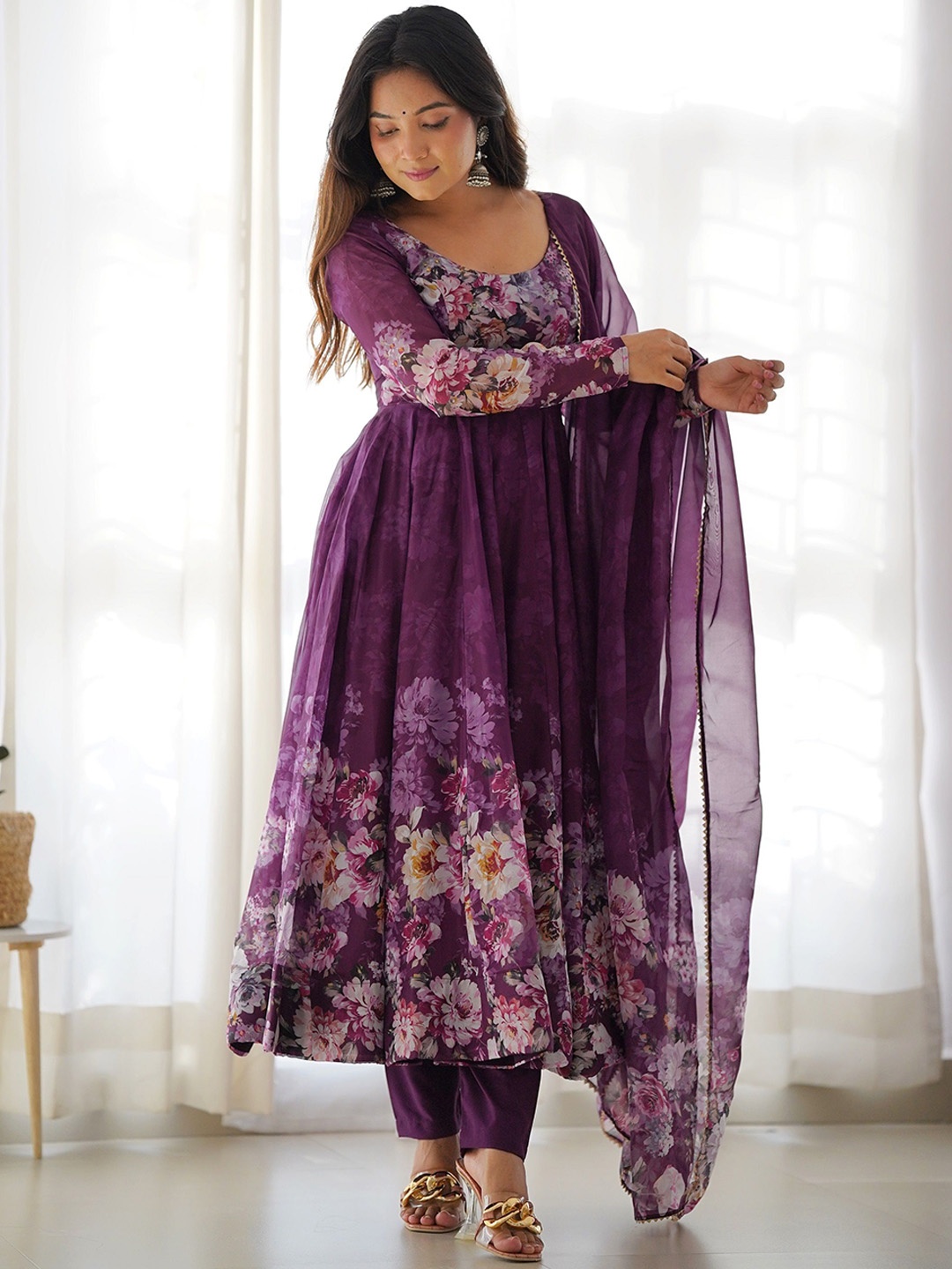 

KALINI Women Floral Printed Regular Kurta with Trousers & With Dupatta, Magenta