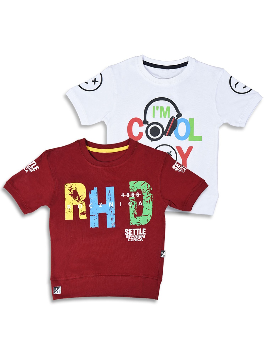 

BAESD Boys Pack Of 2 Typography Printed Pure Cotton Round Neck Applique T-shirt, Maroon