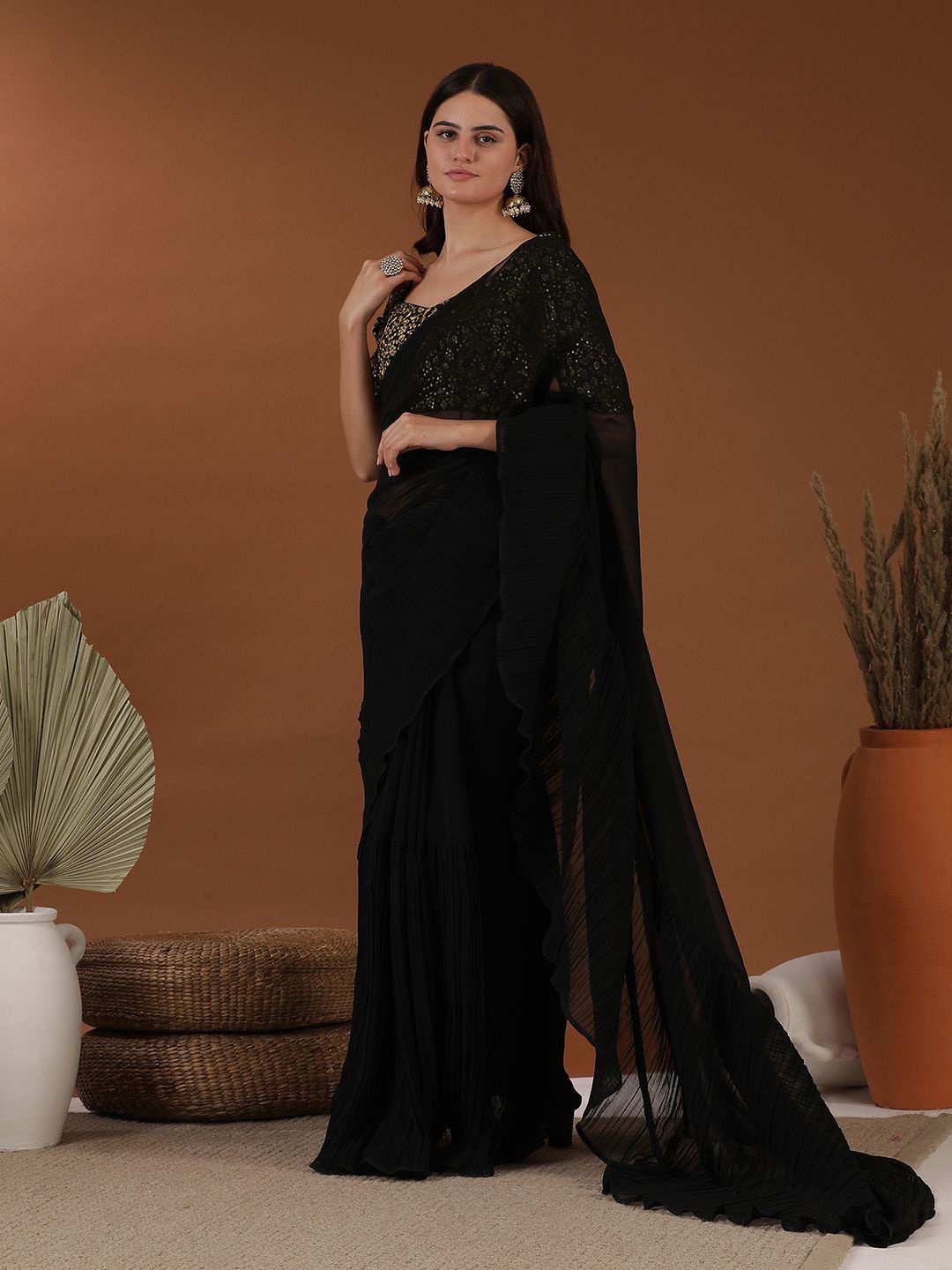 Inddus Accordian Pleat Ruffles Saree, Black