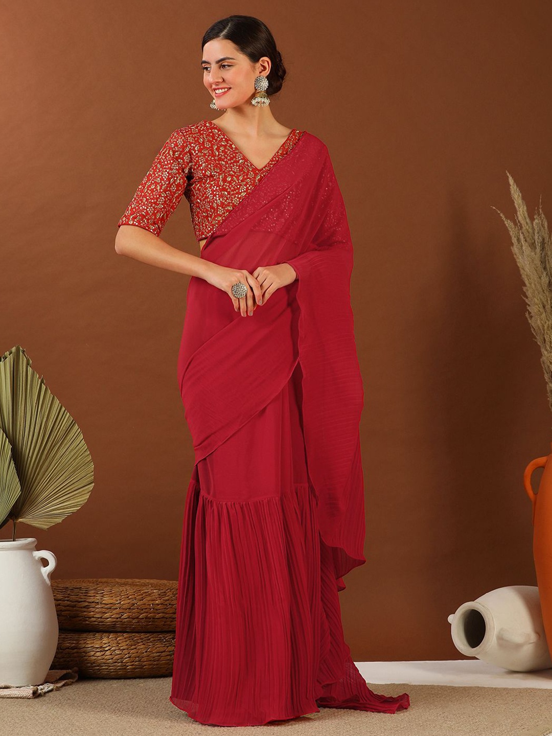 

Inddus Accordian Pleat Ruffles Saree, Maroon