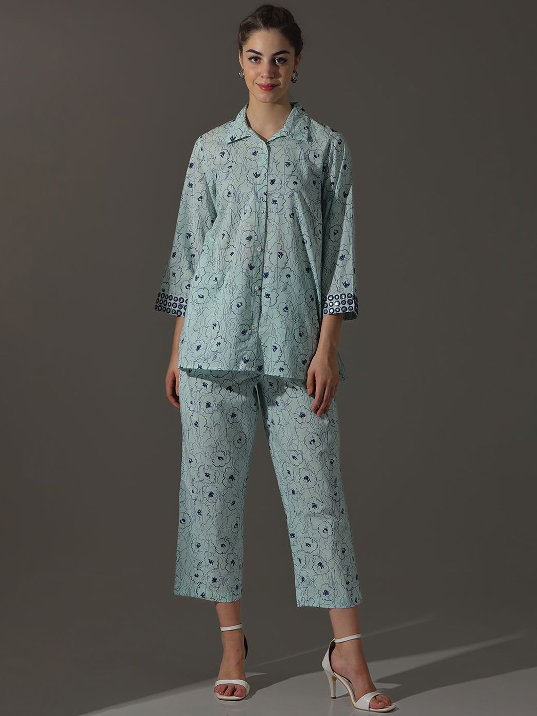 

Dora Dori Relaxed Fit Floral Pure Cotton Shirt Collar Mirror Work Top & Trouser, Blue