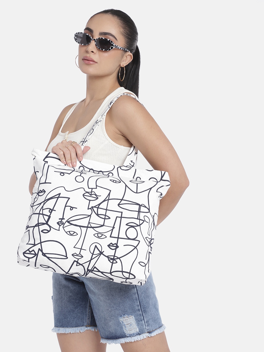 

DILLINGER Printed Pure Cotton Zipper Shopping Tote Bag, White