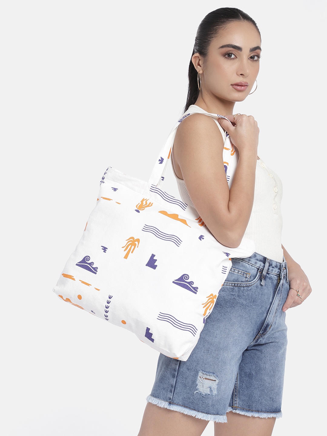 

DILLINGER Printed Pure Cotton Zipper Shopping Tote Bag, White