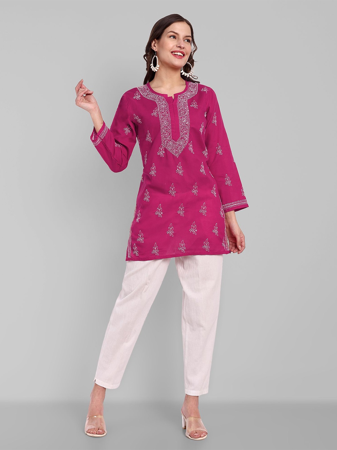 

ADA Ethnic Motifs Embroidered Thread Work Pure Cotton Thread Work Kurti, Magenta