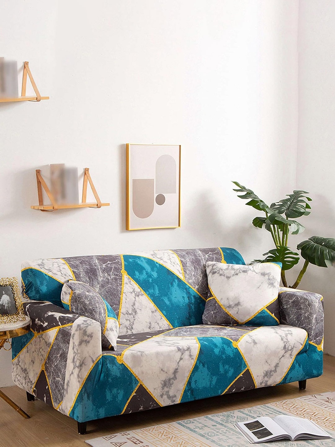 

B BESTILO Grey & Beige Printed 3 Pieces Sofa Cover With Arms