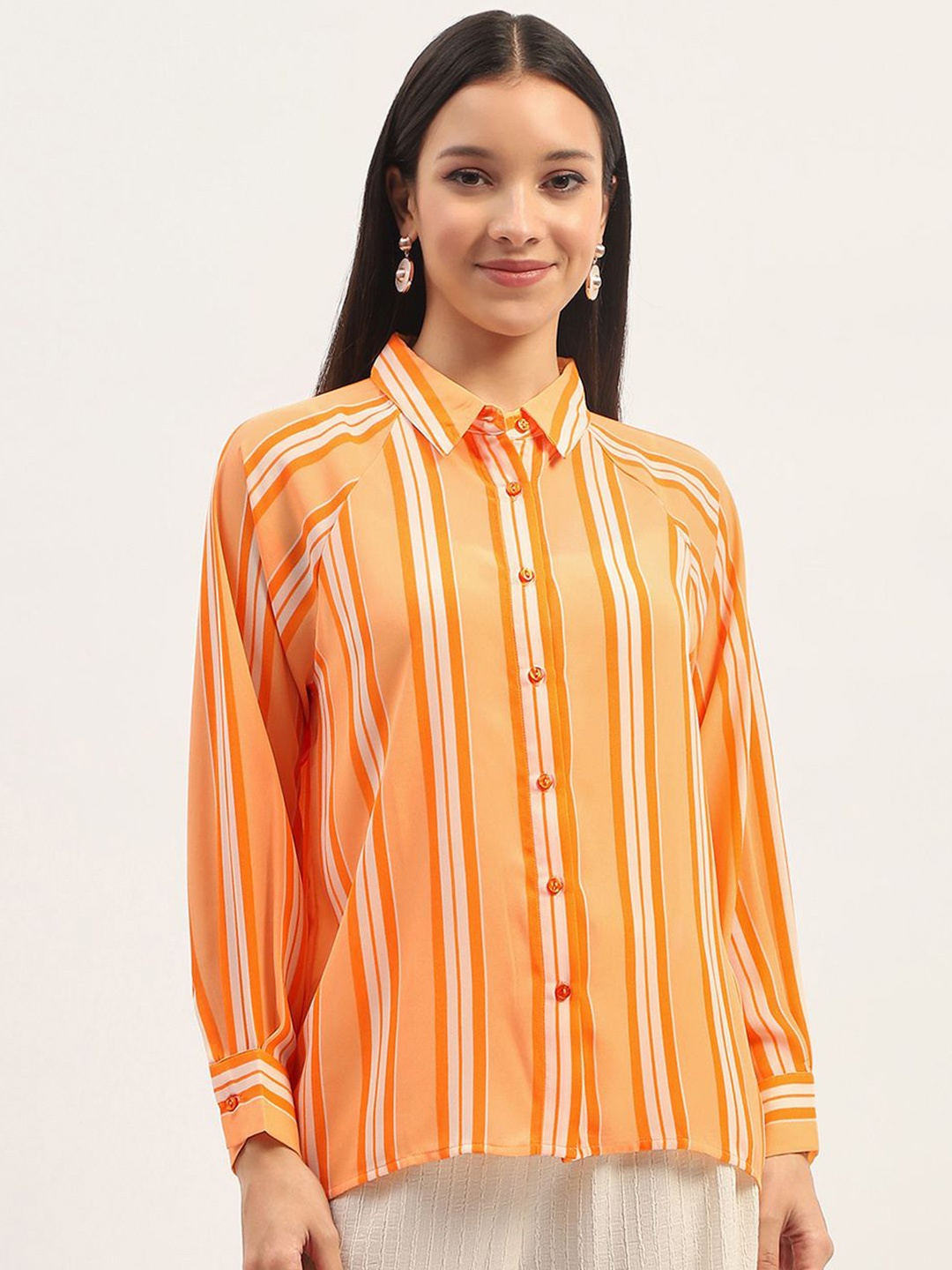 

Madame Women Opaque Striped Casual Shirt, Orange