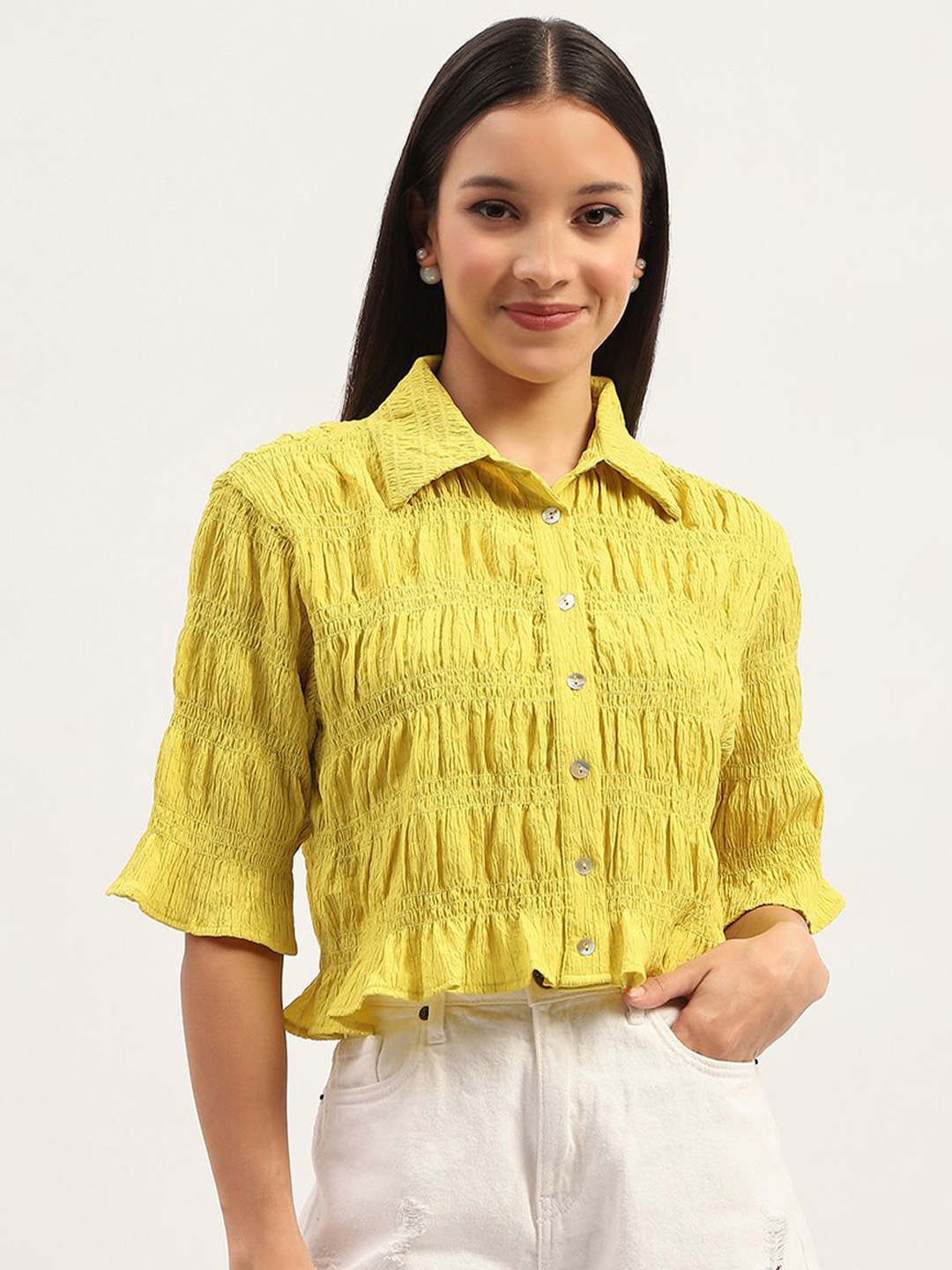 

Madame Women Opaque Striped Casual Shirt, Lime green