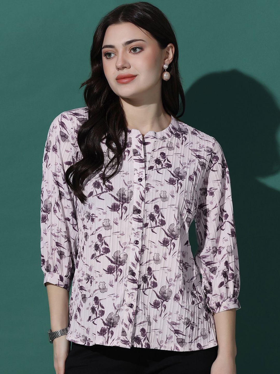

FASHION DREAM Floral Print Shirt Style Top, White