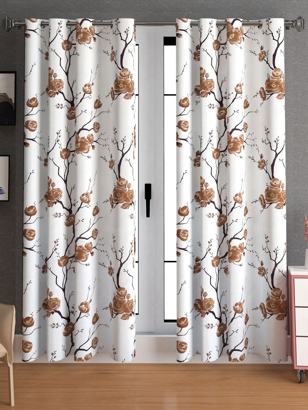 

Lunar Days Coffee Brown & White 2 Pieces Floral Room Darkening Door Curtain