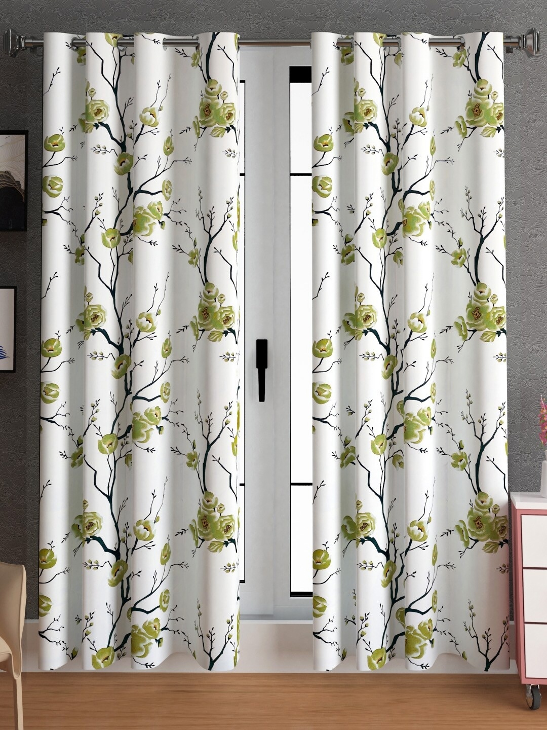 

Lunar Days Green & White 2 Pieces Floral Room Darkening Door Curtain