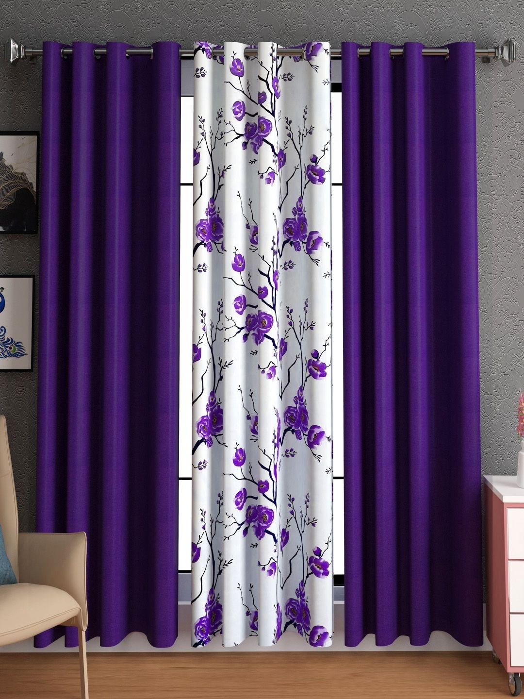 

Lunar Days Purple & White 3 Pieces Floral Room Darkening Door Curtain