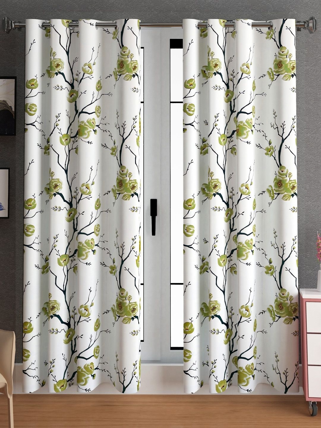 

Lunar Days Green & White 2 Pieces Floral Room Darkening Long Door Curtain