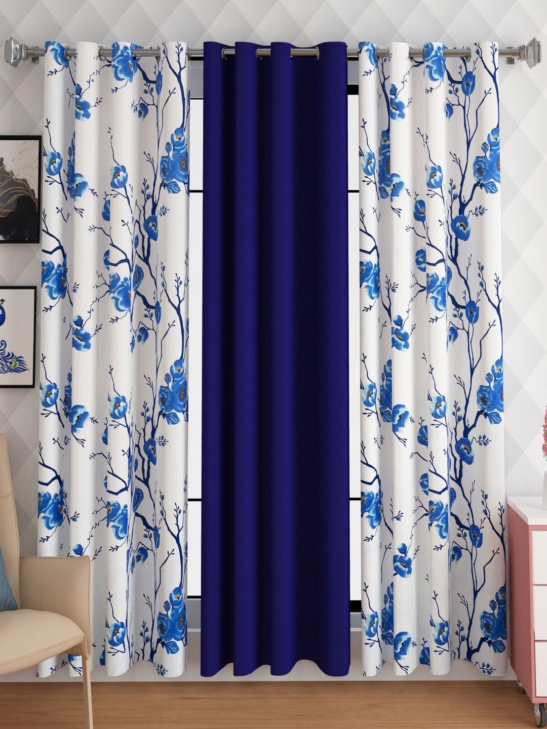 

Lunar Days Blue Set of 3 Floral Room Darkening Door Curtain
