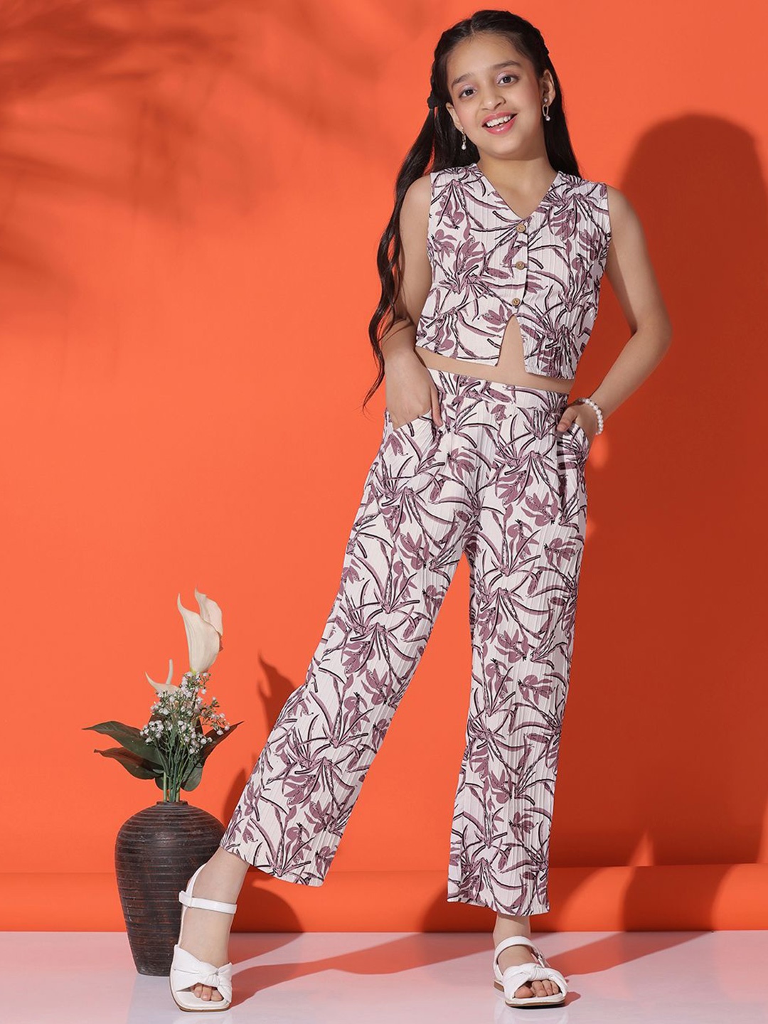 

FASHION DREAM Girls Printed Top with Trousers, Mauve