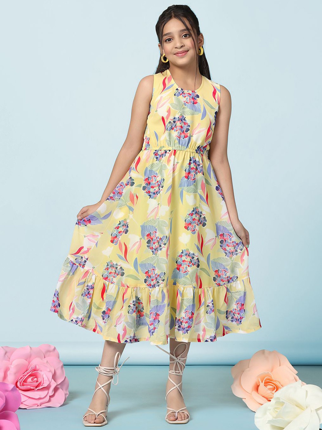 

FASHION DREAM Floral Print Georgette Fit & Flare Midi Dress, Yellow
