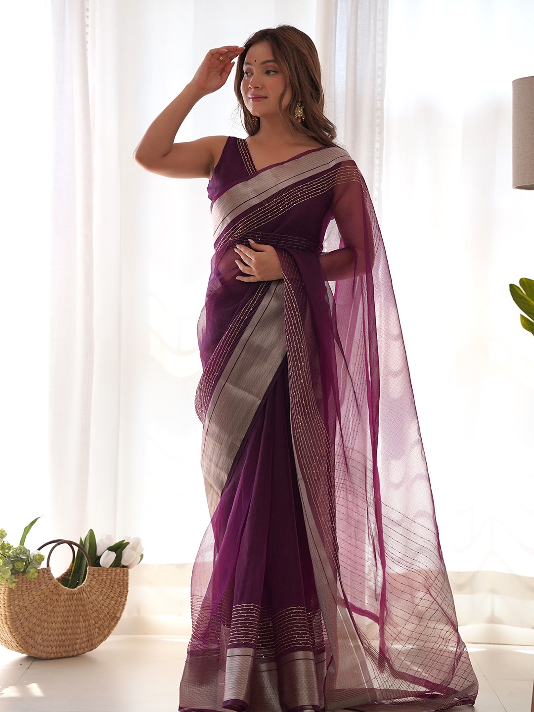 

KALINI Embellished Sequinned Saree, Magenta