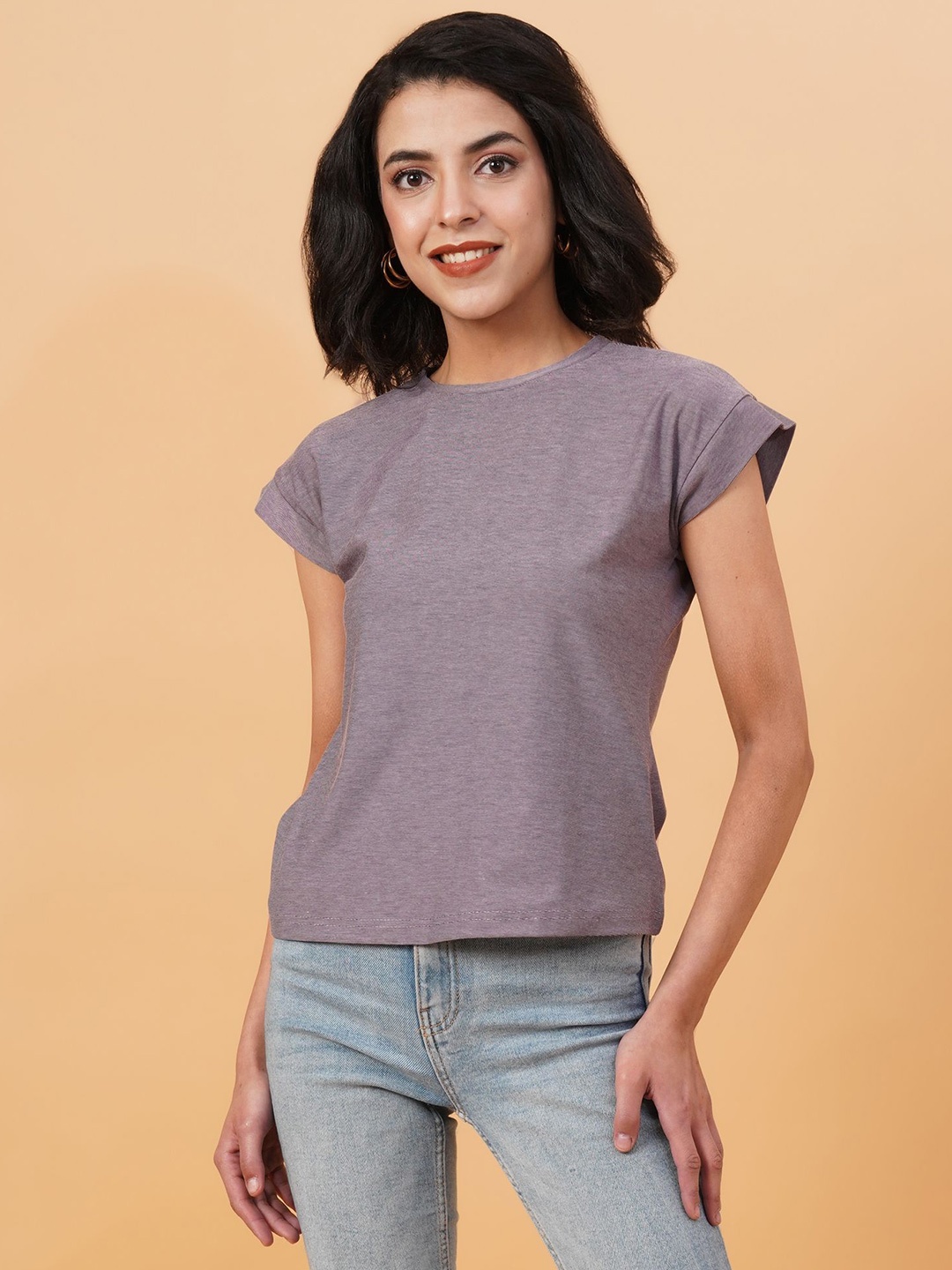 

Kotty Women Solid Round Neck T-shirt, Purple