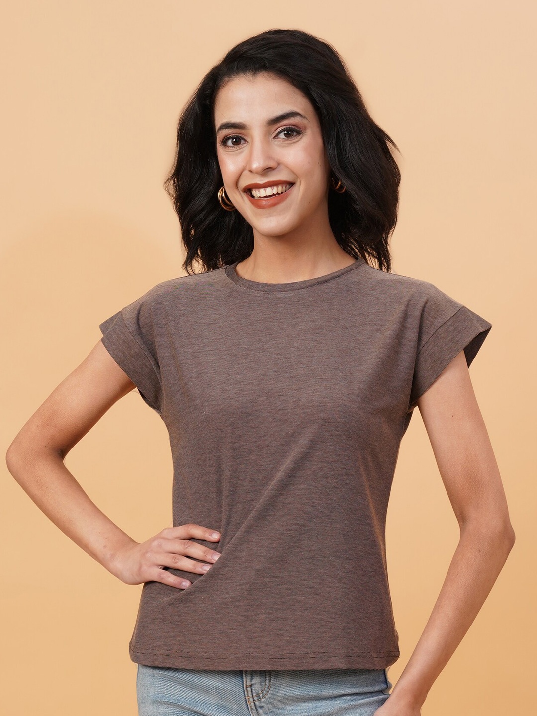 

Kotty Women Solid Round Neck T-shirt, Brown