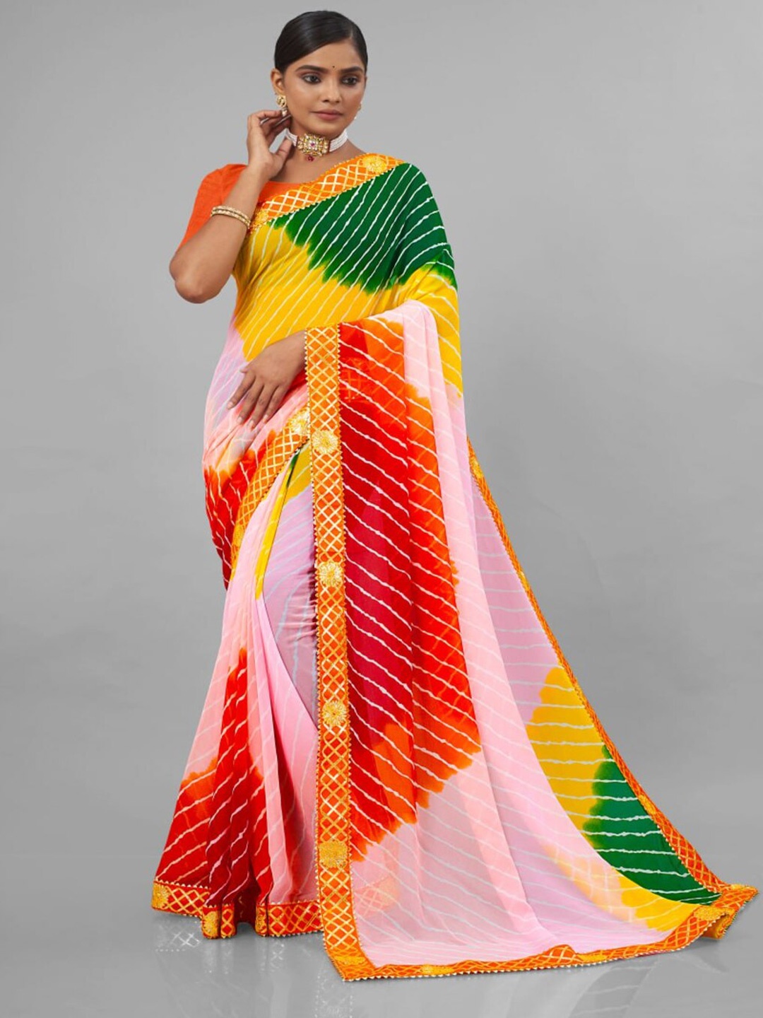 

ASTEYAM Embroidered Gotta Patti Leheriya Saree, Orange