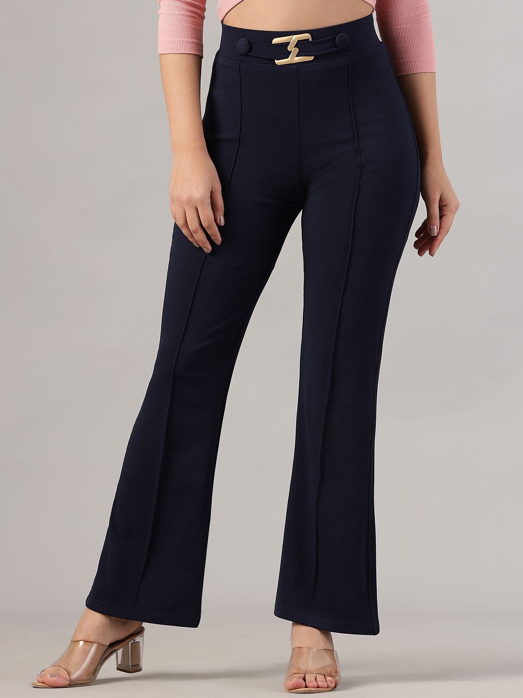 

BAESD Women Skinny Fit High-Rise Easy Wash Trousers, Navy blue