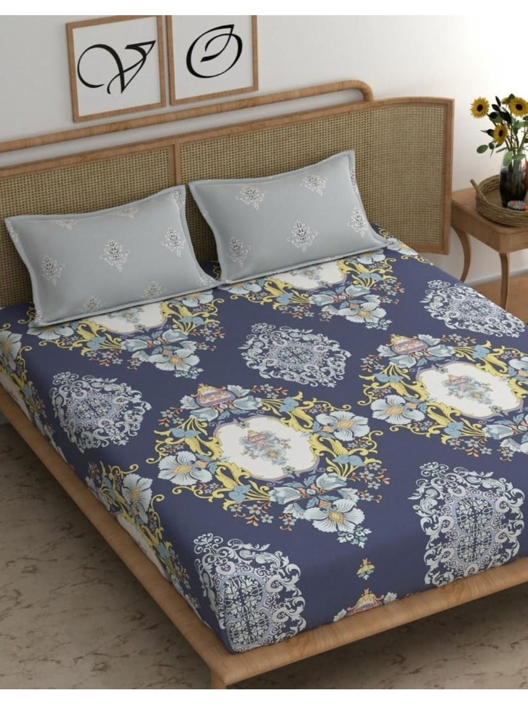 

UrbanArts Grey & Yellow Floral King Bedsheet with 2 Pillow Covers