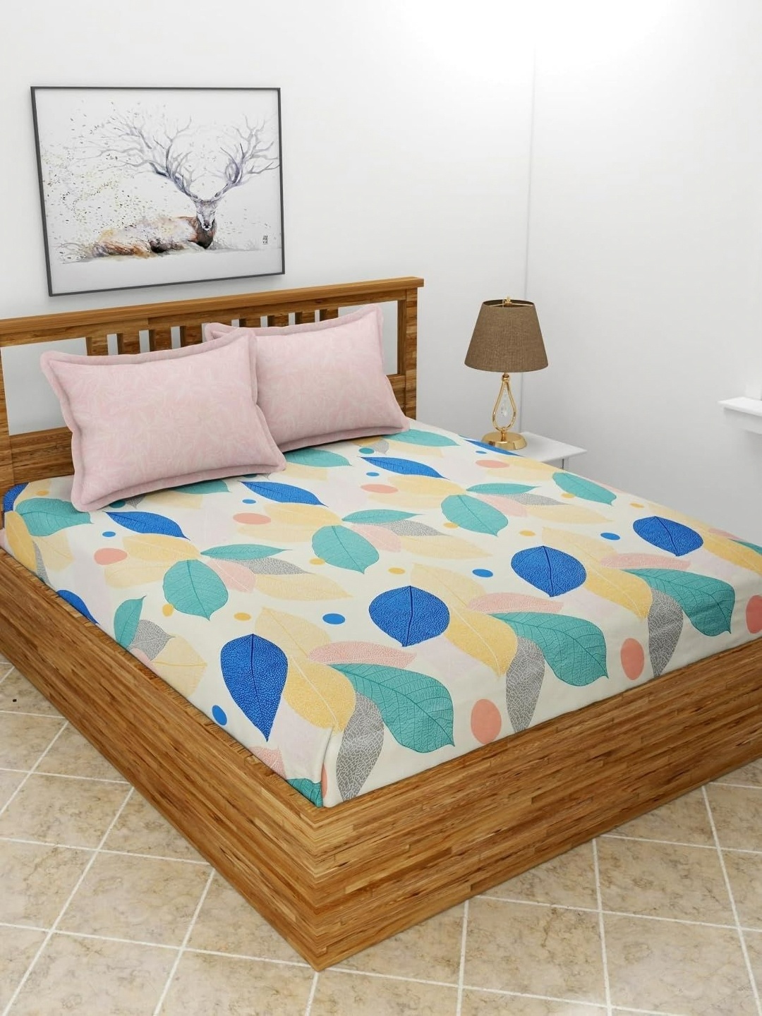 UrbanArts Pink & Blue Floral King Bedsheet with 2 Pillow Covers