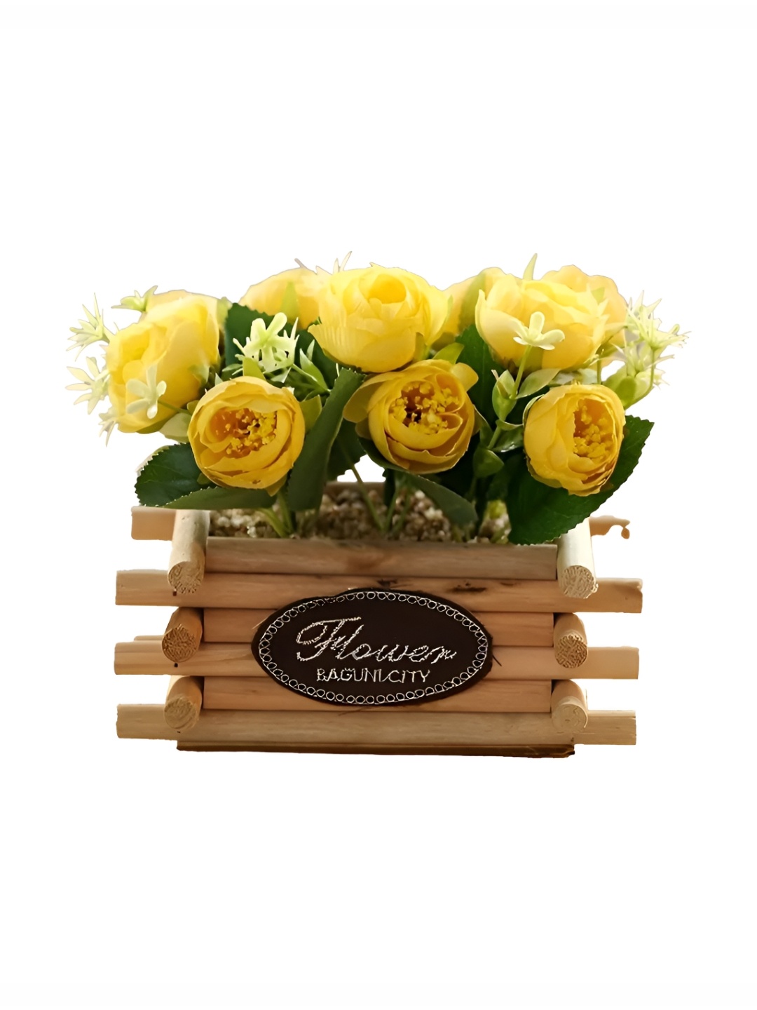 

USHA SHRIRAM Yellow & Green 10 Headed Rose Artificial Flower With Pot