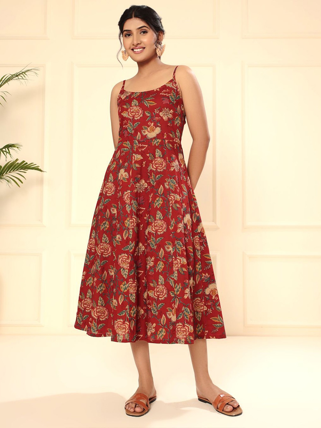 

ARAVALII Floral Printed Fit & Flared Dress, Red
