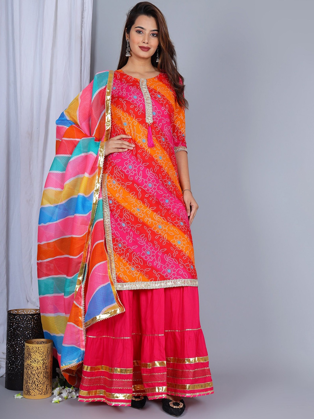 

ELVISH JAIPUR Women Bandhani Printed Regular Gotta Patti Kurta with Skirt & With Dupatta, Pink