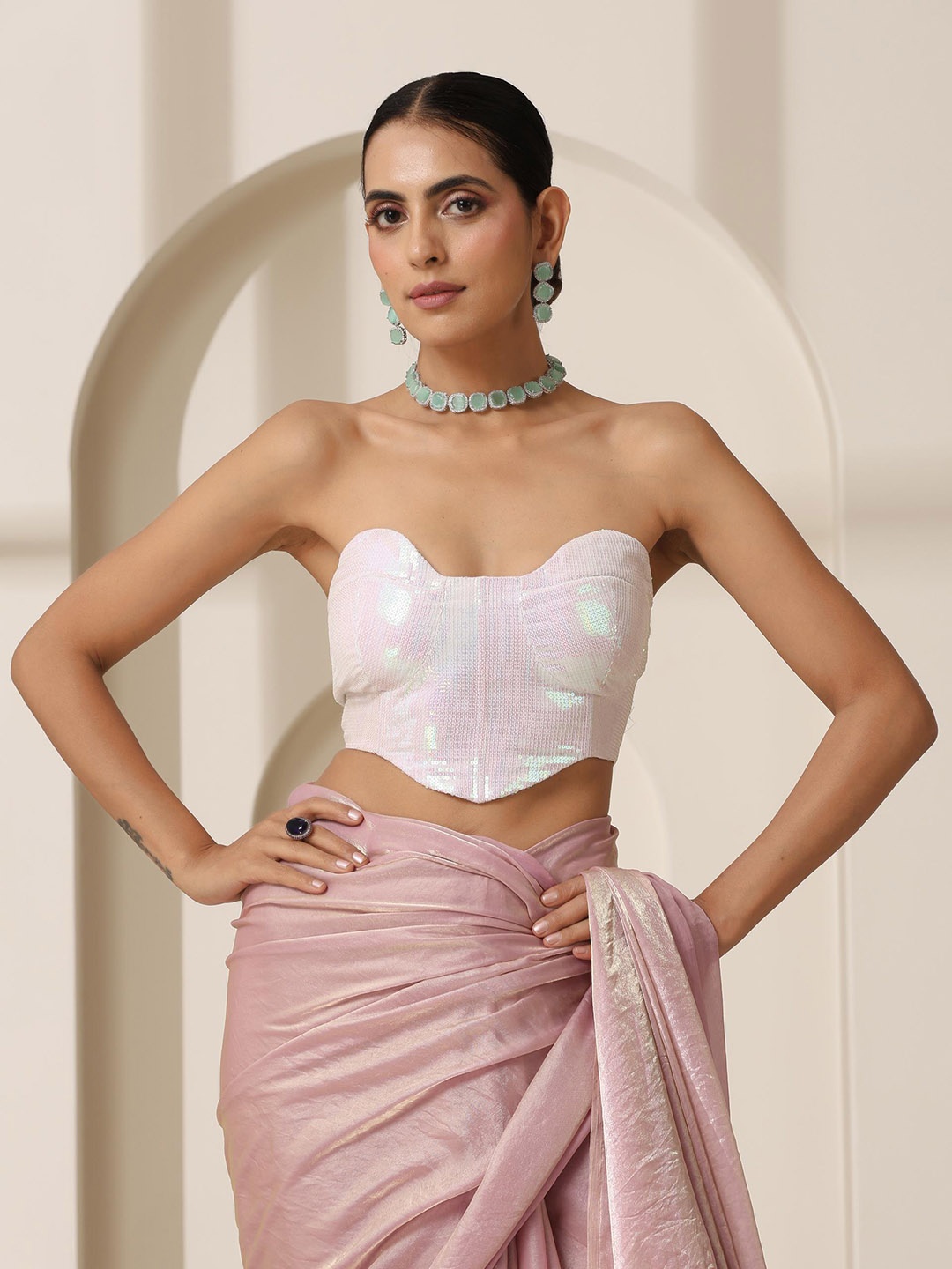 

Swtantra Embellished Sequinned Corset Saree Blouse, White