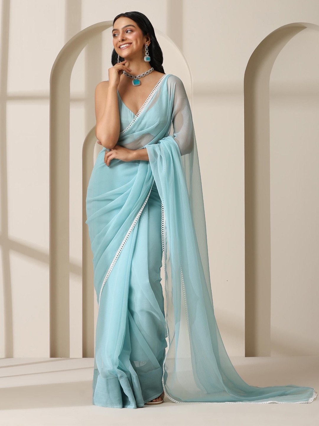 

Swtantra Chiffon with Lace With Unstitched Blouse, Blue