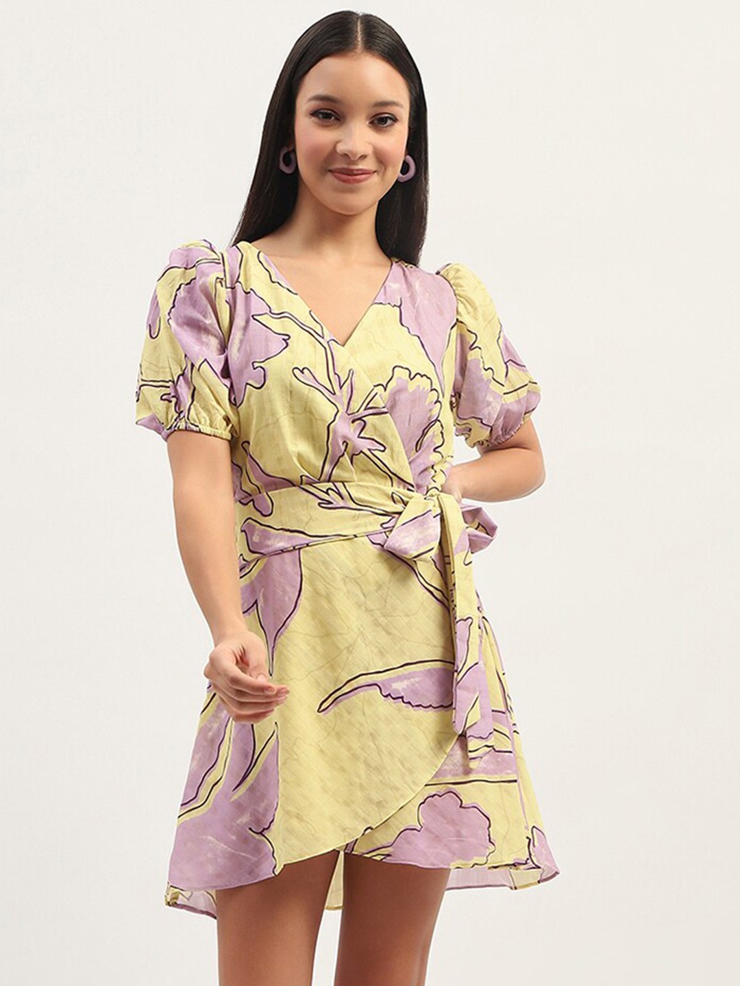 

Madame Floral Print Flared Sleeve Dress, Lime green