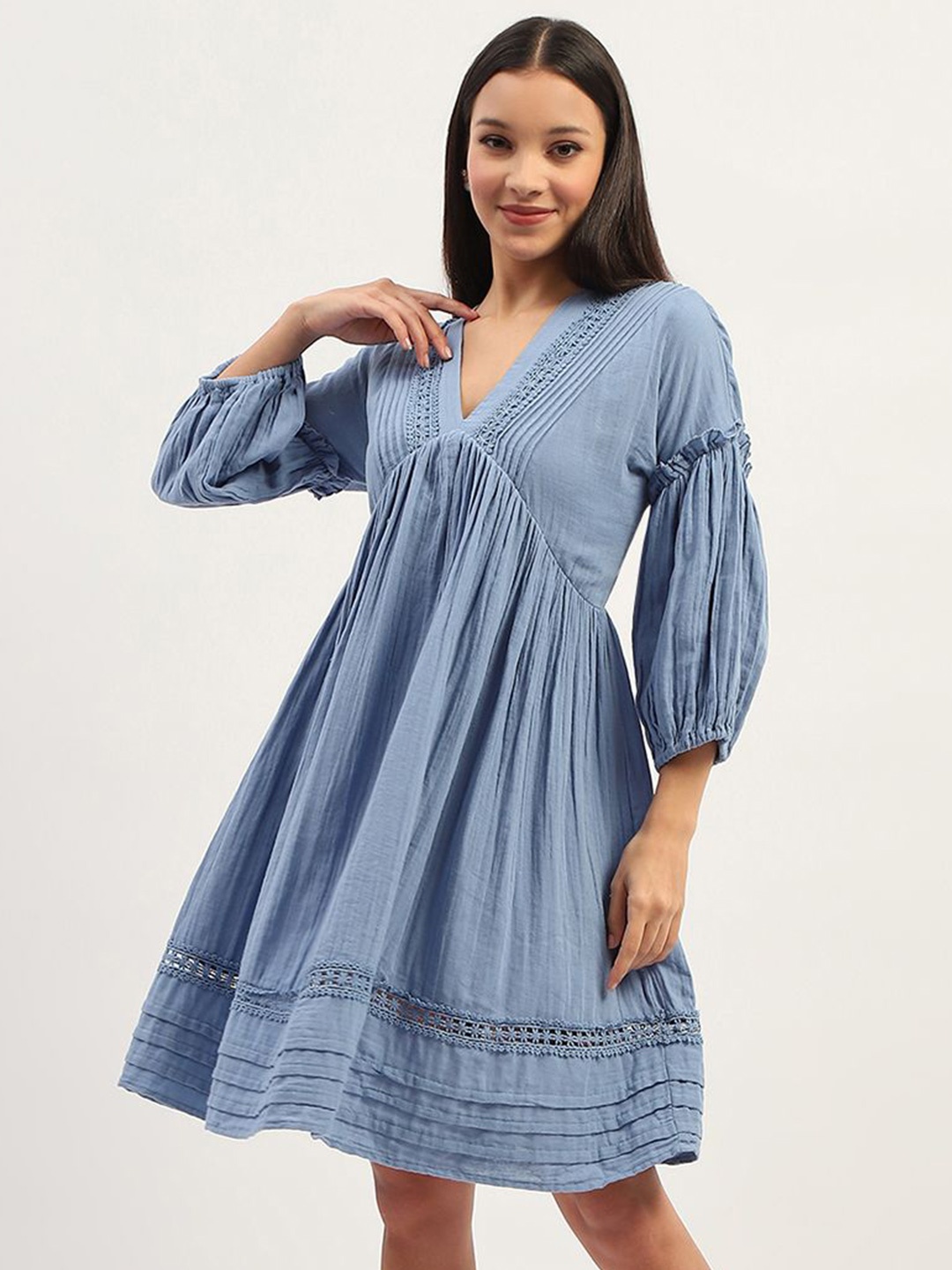 

Madame Striped Puff Sleeve Fit & Flare Dress, Blue