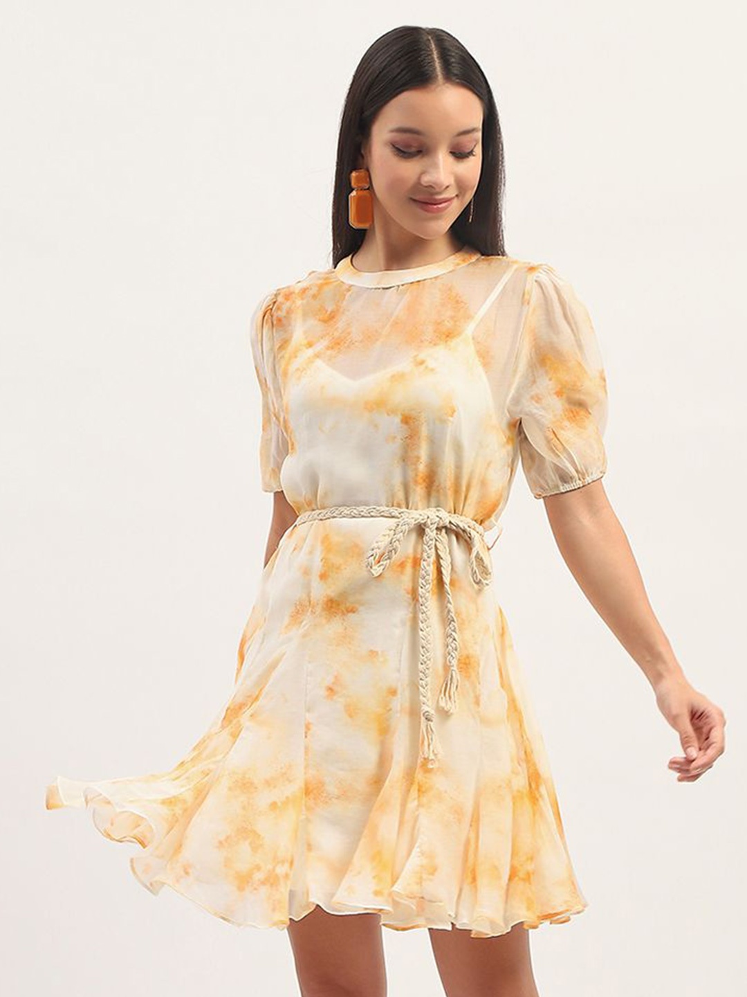 

Madame Floral Print Puff Sleeve Fit & Flare Dress, Orange