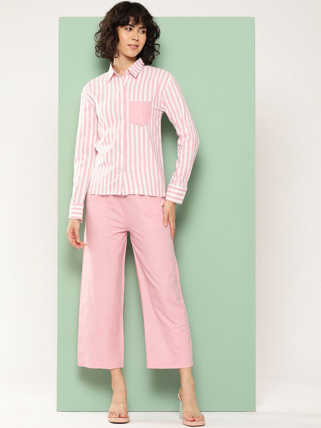 

The Roadster Lifestyle Co Striped Shirt & Trouser Pure Cotton Co-Ords, Pink