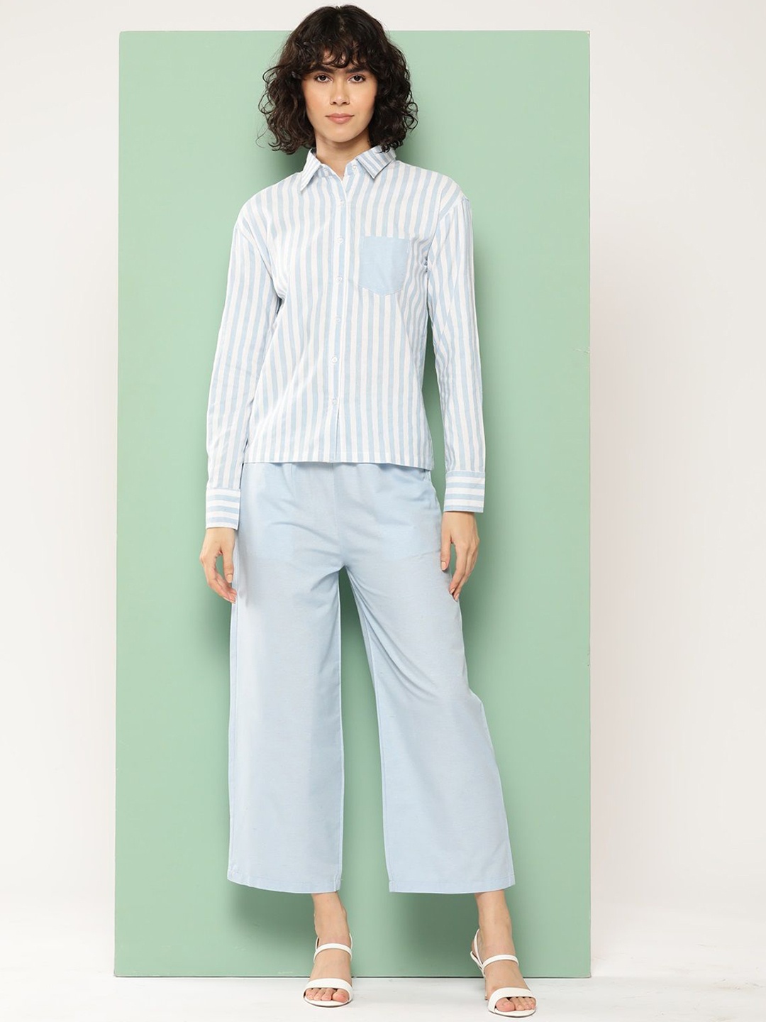 

The Roadster Lifestyle Co Striped Pure Cotton Shirt & Trouser Co-Ords, Blue