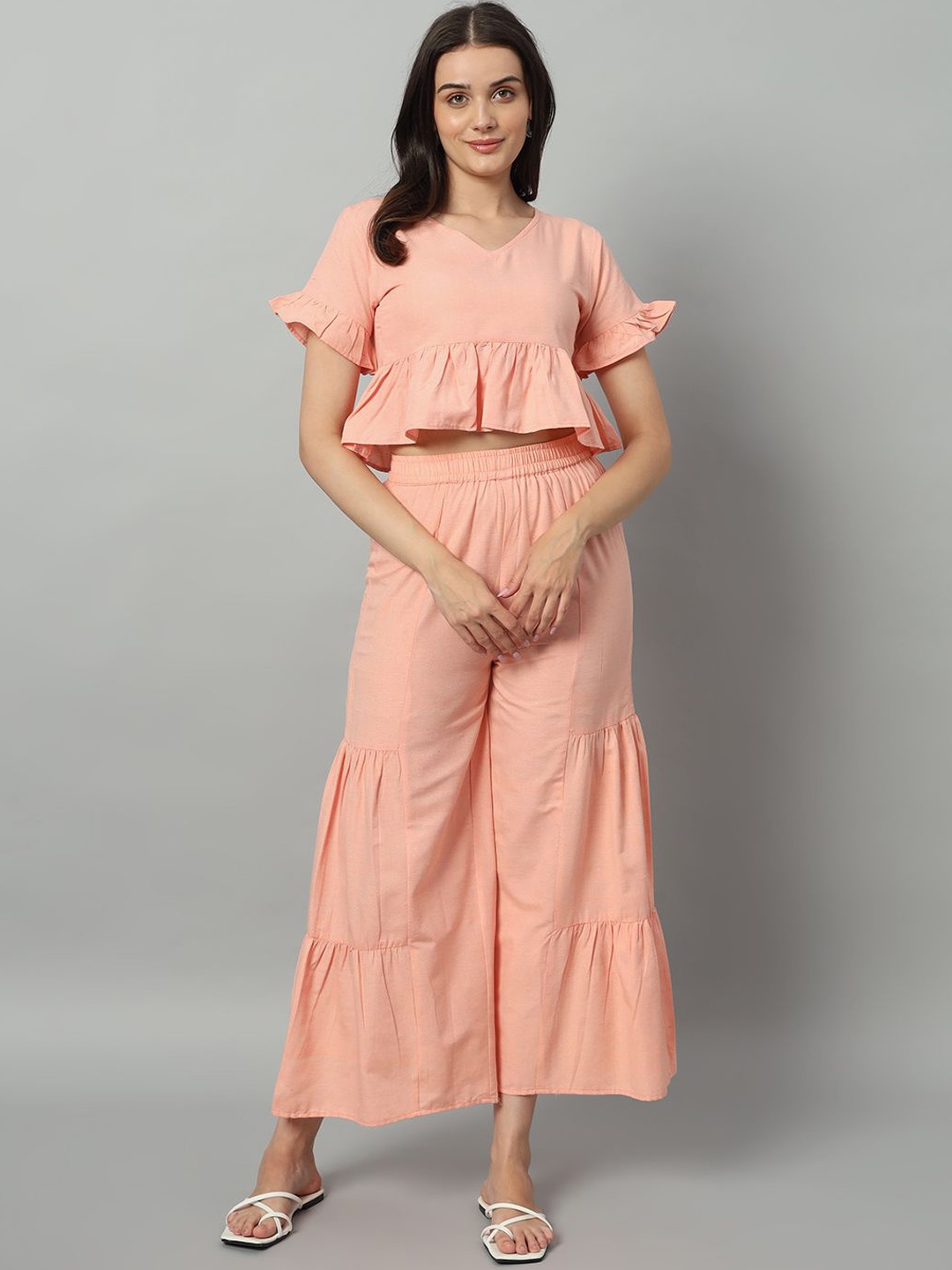 

The Roadster Lifestyle Co Pure Cotton Top & Palazzo Co-Ords, Pink