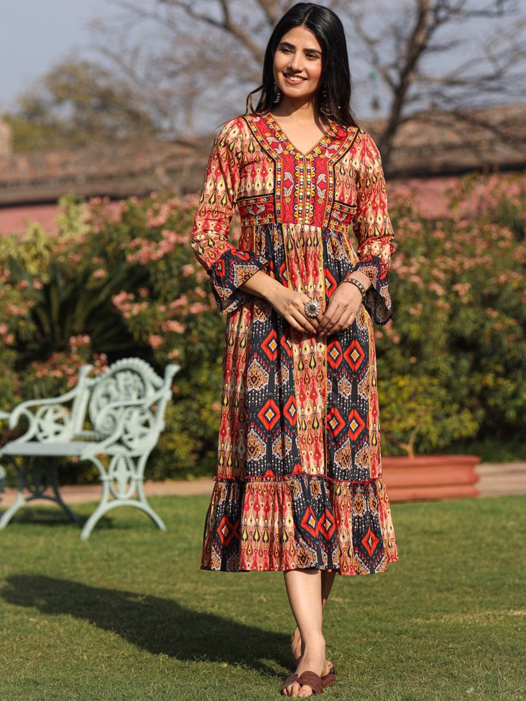 

Juniper Printed Cotton V-Neck Ethnic Dress, Rust
