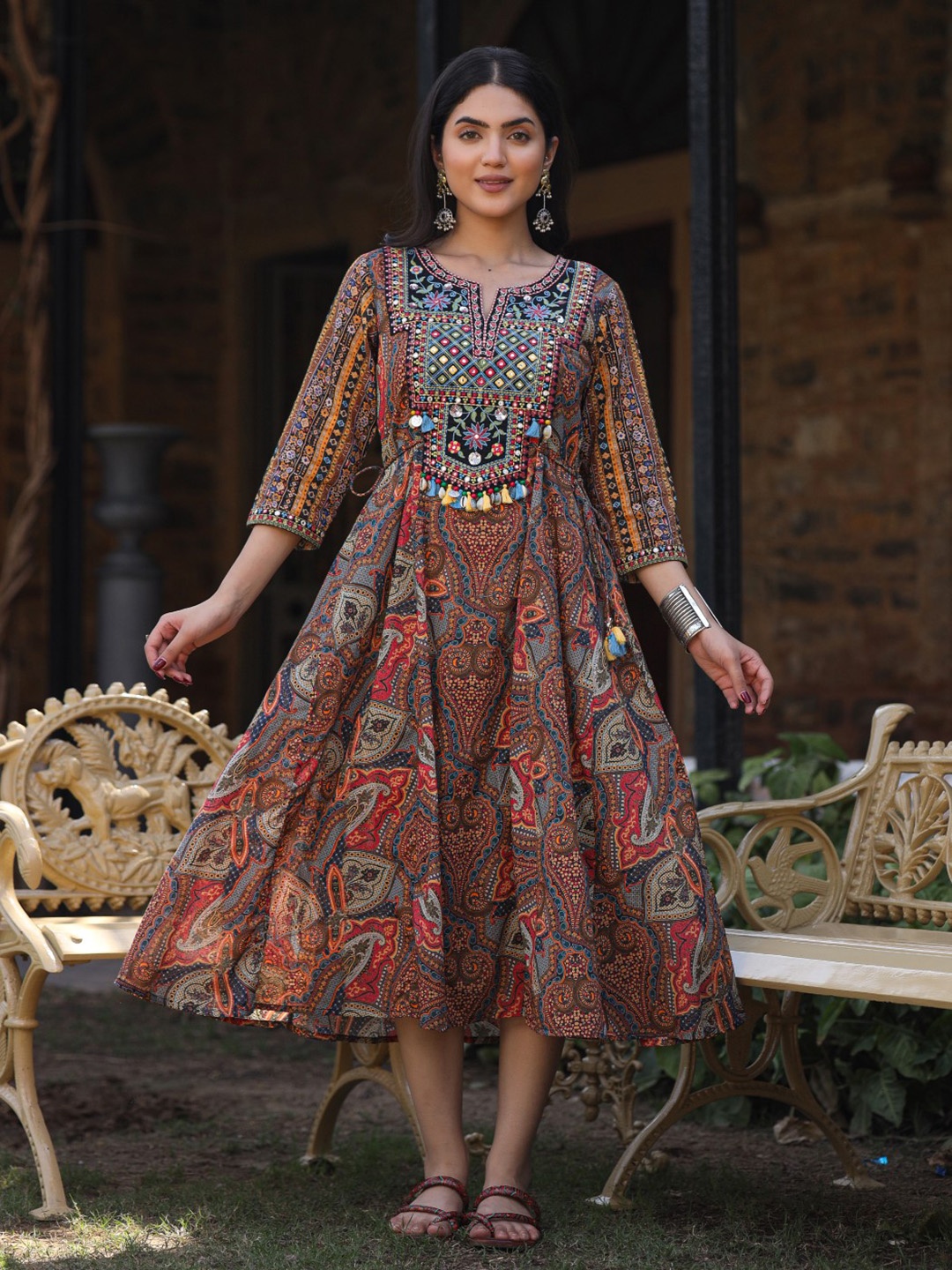 

Juniper Ethnic Motifs Printed Embroidered Cotton Fit and Flare Midi Ethnic Dress, Black