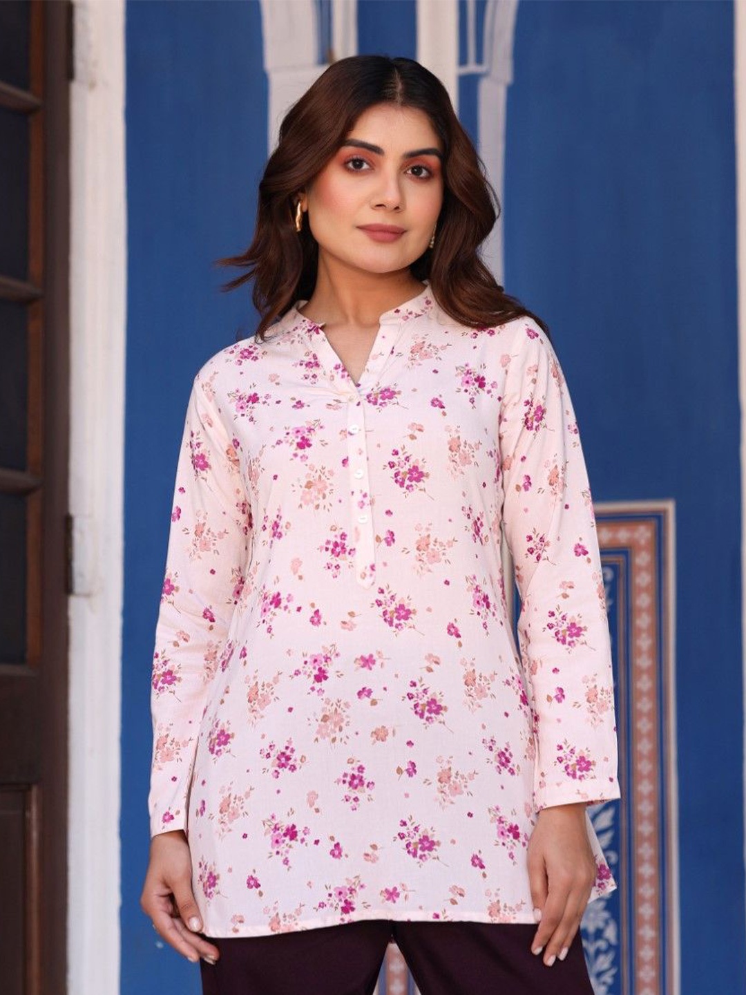 

Juniper Mandarin Collar Floral Printed Tunic, Pink