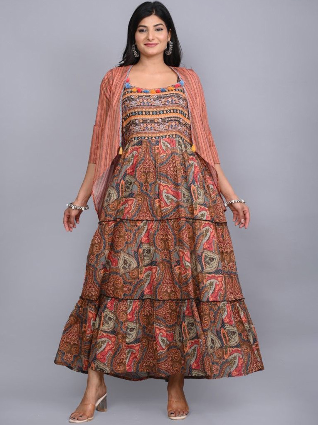 

Juniper Printed Fit & Flare Ethnic Dress With Shrug, Rust