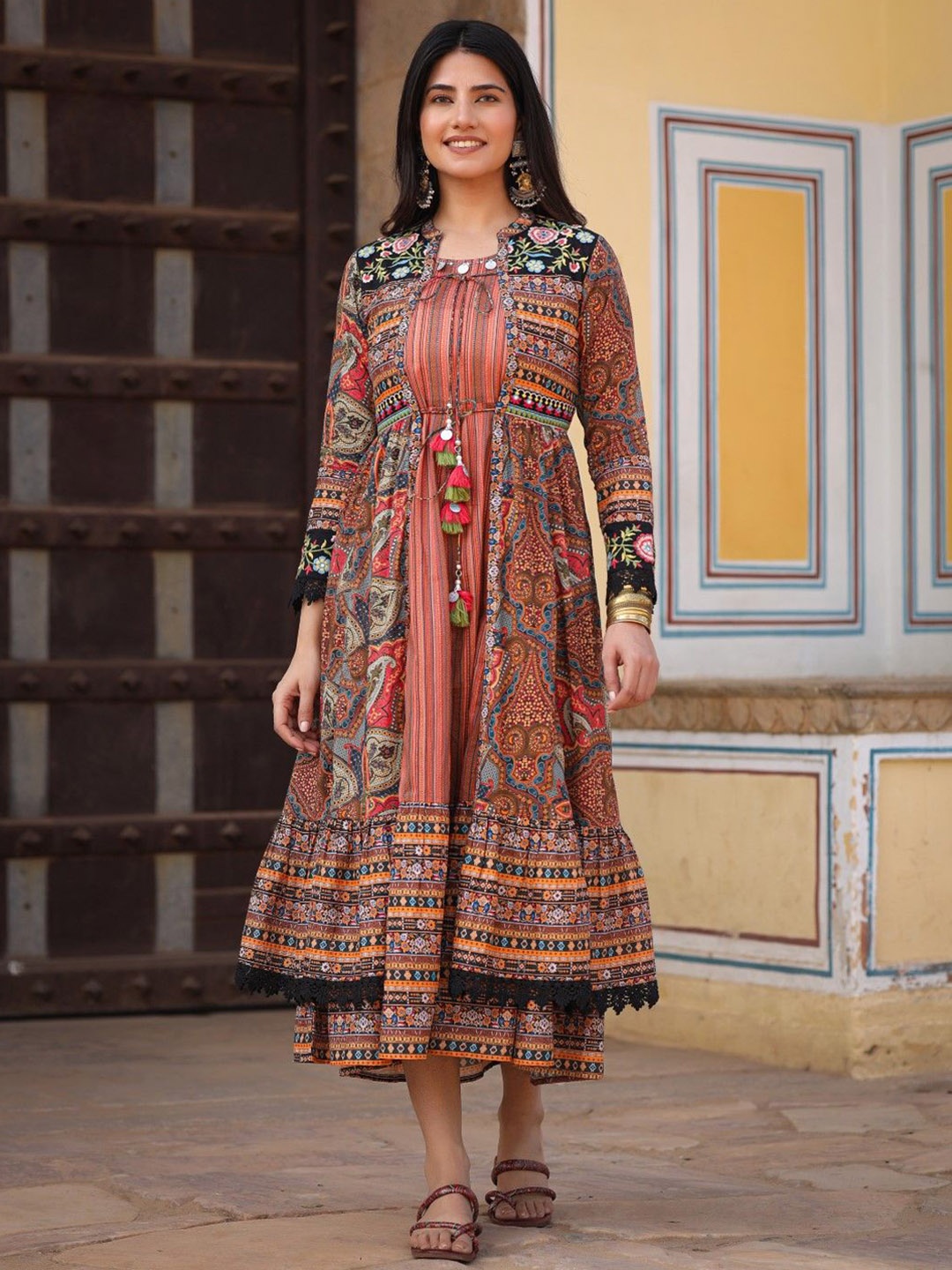 

Juniper Ethnic Motifs Printed & Embroidered Fit & Flare Ethnic Midi Dress With Shrug, Brown