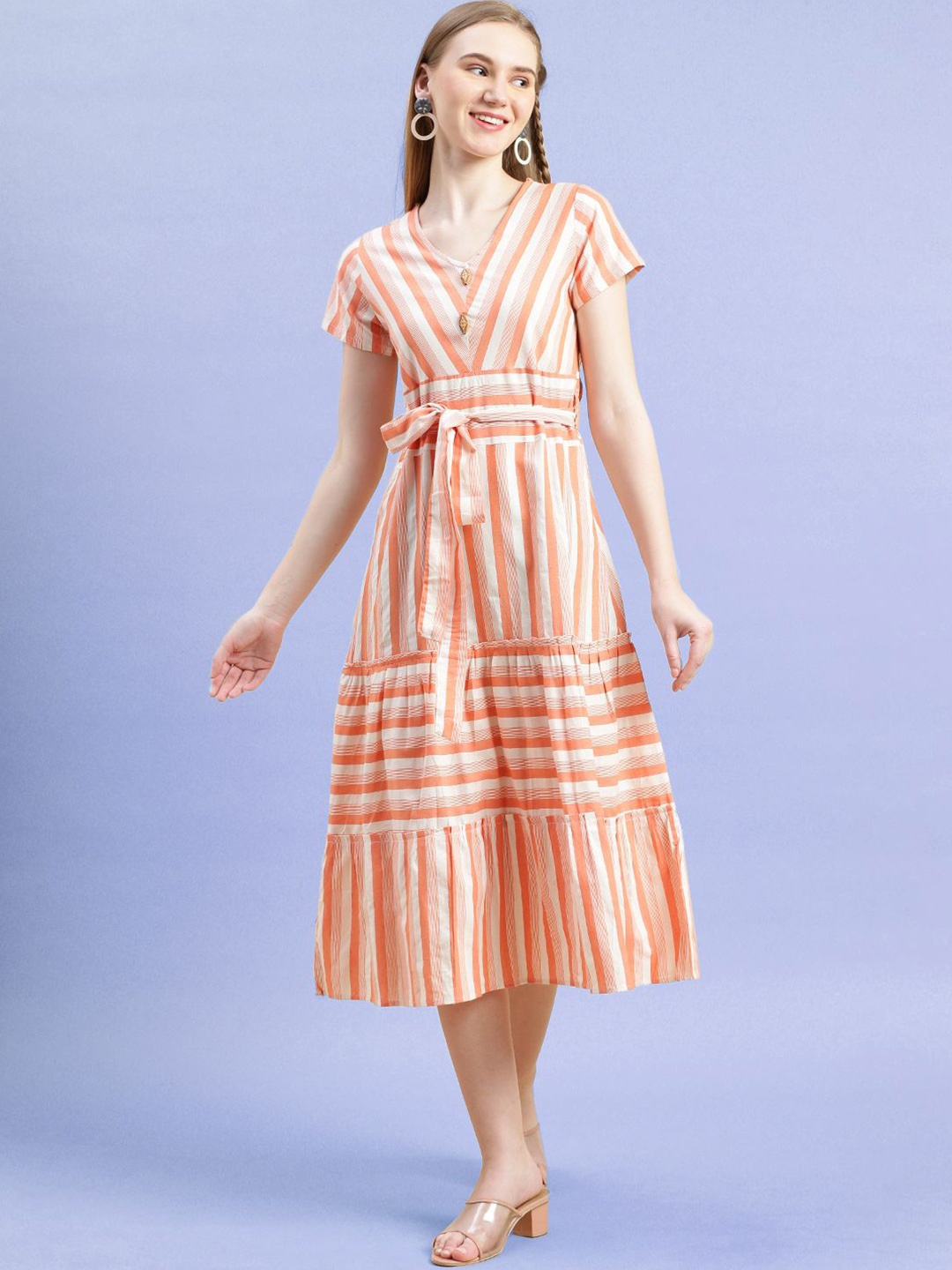 

GRANTH FASHION Striped Fit & Flare Midi Dress, Orange
